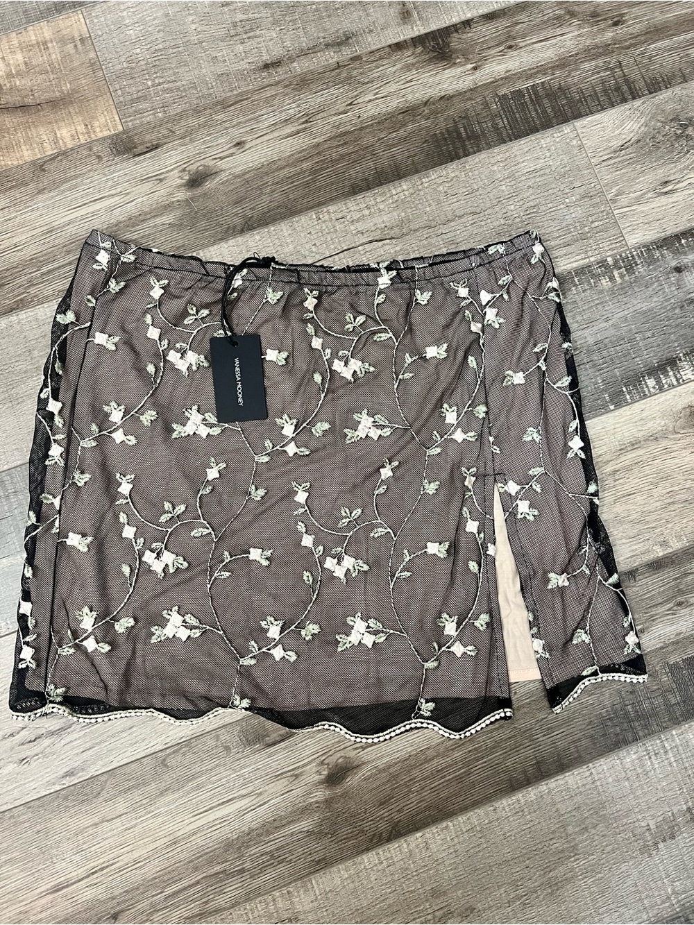 Vanessa Mooney Black Floral Embroidered Mesh Mini Skirt